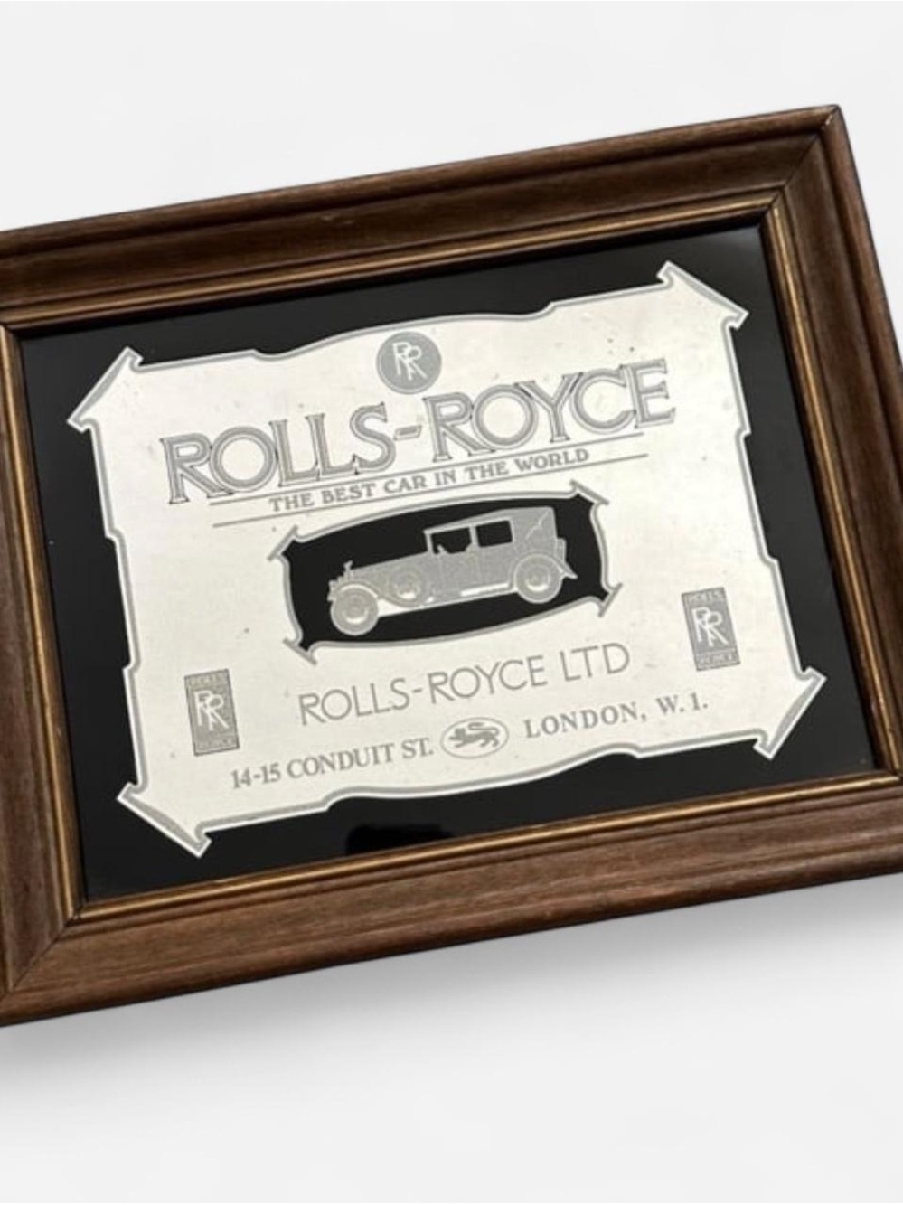 Vintage Rolls-Royce Silver Collectible Wall mirror Plaque in Brown Frame